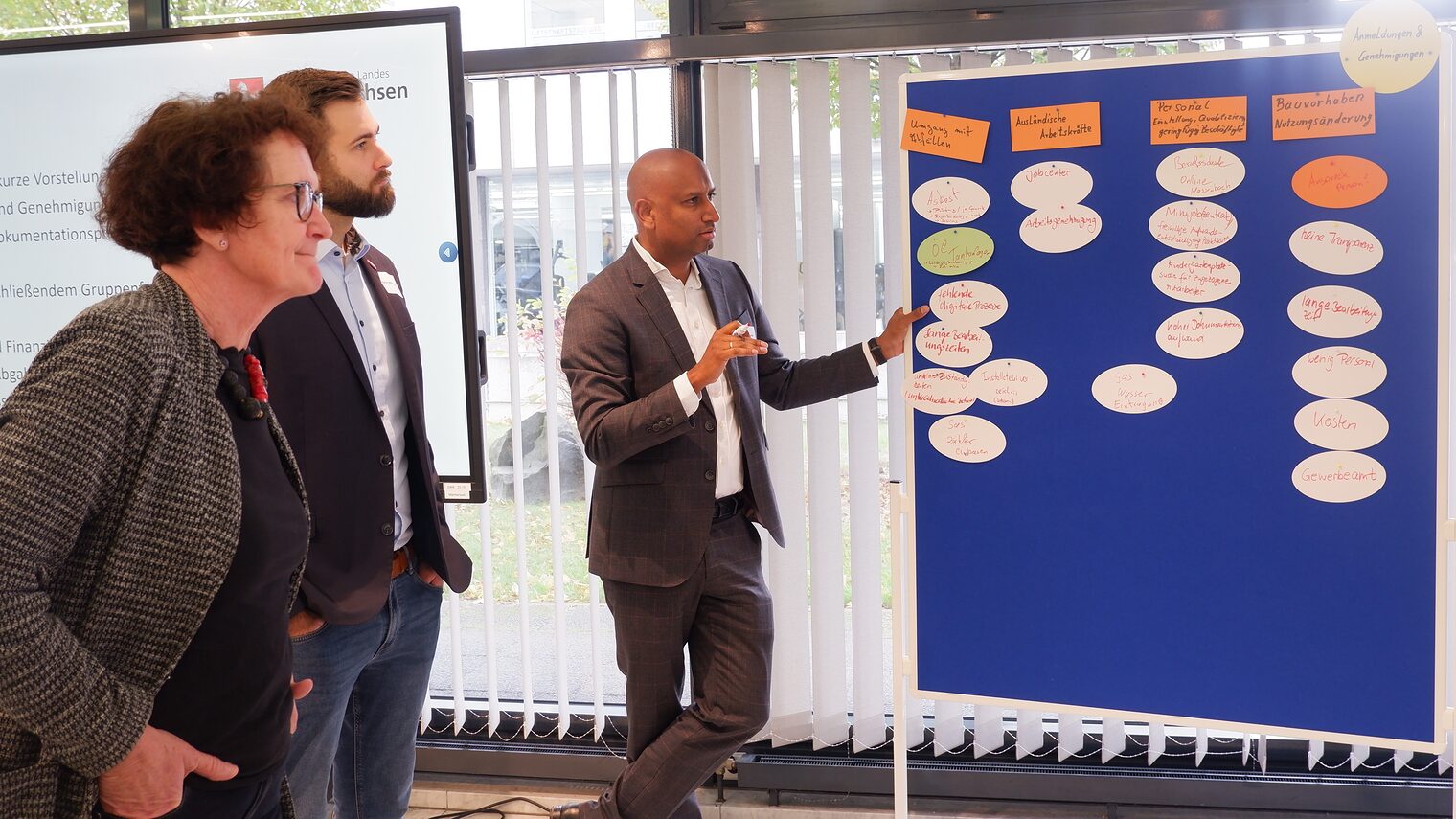 Drei Personen stehen am Flipchart und pinnen Moderationskarten an.