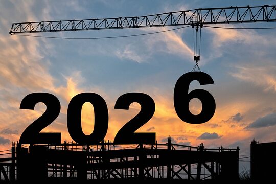 Kran, der die 6 vom Jahr 2026 auf ein Baugerüst hebt.