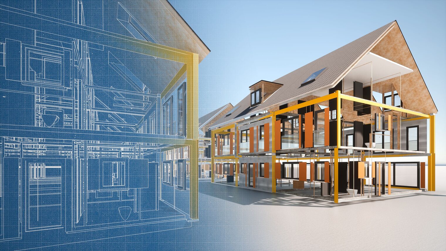 Links ist eine digitale Skizze eines Hauses zu sehen, rechts das fertig gebaute Haus.