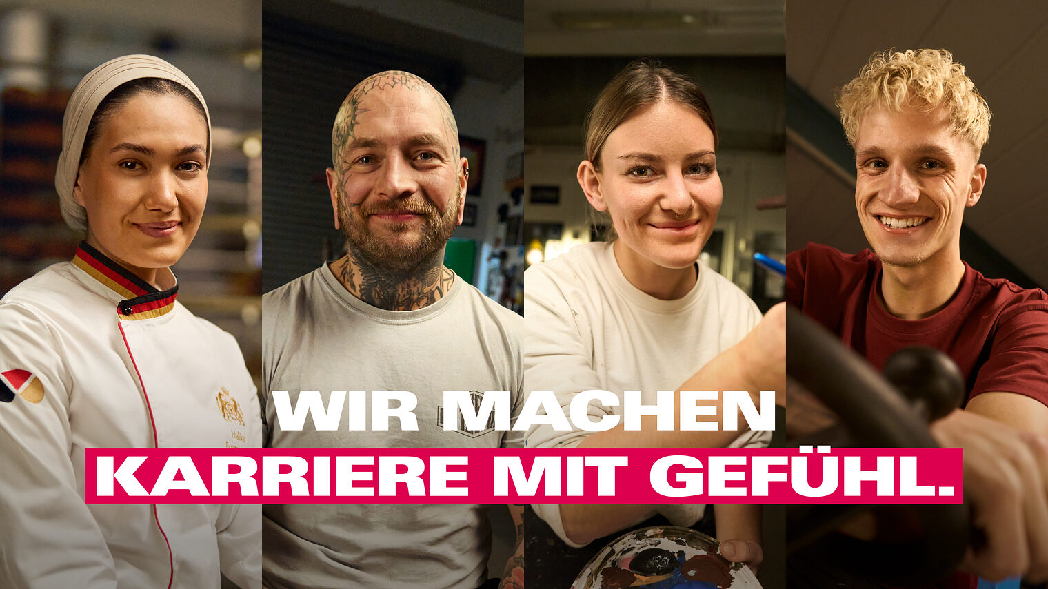 Kampagnenplakat mit Spruch "Wir machen Karriere mit Gefühl", im Hintergrund vier Porträts von Handwerkerinnen und Handwerkern
