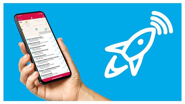 Eine Hand mit einem Handy, auf dem Suchergebnisse aus dem Lehrstellen-Radar stehen. Daneben ein Raketensymbol.