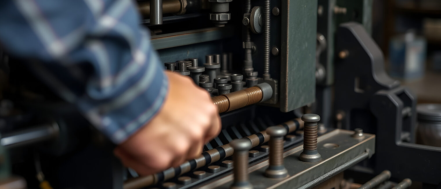 Eine alte Buchdruckmaschine wird bedient.