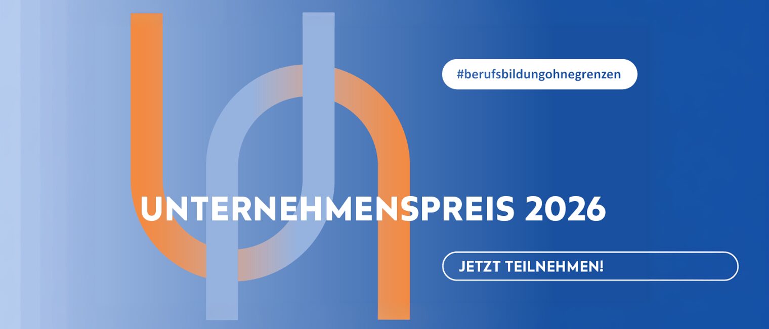 Ein Banner mit der Aufschrift "Unternhemenspreis 2026", dass zu Teilnahme am Wettbewerb des Projekts Berufsausbildung ohne Grenzen auffordert. 